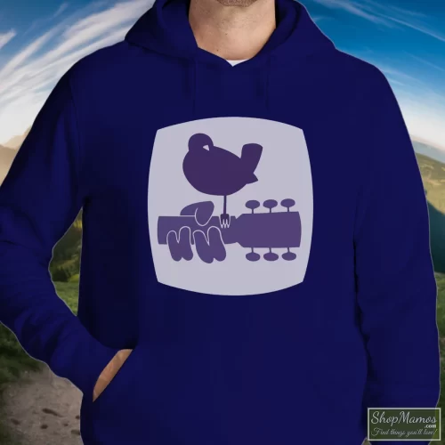 1969 Woodstock Crew Staff Grateful Dead Hendrix Who Joplin Men’s Hoodie – Navy Front View On Light Wood Background Men's 1969 Woodstock Crew Staff Grateful Dead Hendrix Who Joplin Hoodie In Navy, Front View On Light Wood Background