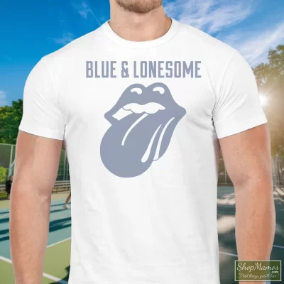 Men's 1972 Rolling Stones Blue And Lonesome T Shirt In White, Front View On Dark Wood Background