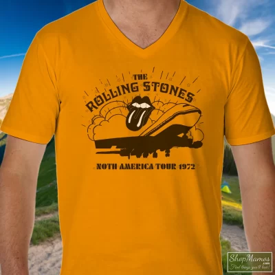 Men's 1972 Rolling Stones North American Tour V Neck In Orange, Front View On Dark Wood Background