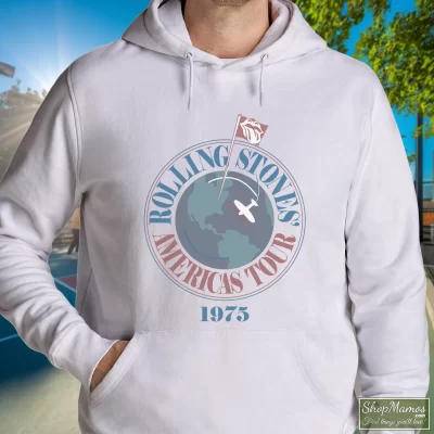 Men's 1975 Rolling Stones Concert Tour Rock Hoodie In White, Front View On Dark Wood Background