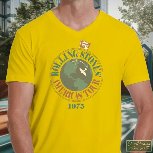 1975 Rolling Stones Concert Tour Rock Men’s V Neck – Yellow Front View On Dark Wood Background Men's 1975 Rolling Stones Concert Tour Rock V Neck In Yellow, Front View On Dark Wood Background