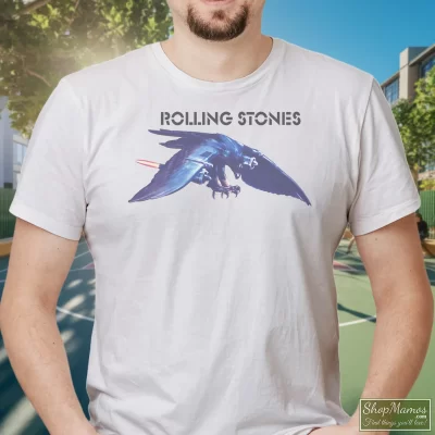 Men's 1975 Rolling Stones North American Tour T Shirt In White, Front View On Dark Wood Background