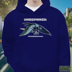 1975 Rolling Stones Tour Band Rock Shirt 70s 1970s 5 Men's 1975 Rolling Stones Tour Band Rock 70s 1970s Hoodie In Navy, Front View On Light Wood Background