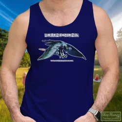 1975 Rolling Stones Tour Band Rock Shirt 70s 1970s 9 Men's 1975 Rolling Stones Tour Band Rock 70s 1970s Tank Top In Navy, Front View On Light Wood Background