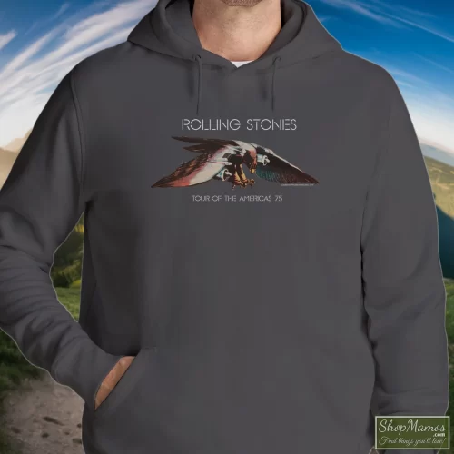 1975 Rolling Stones Tour Of The Americas 75 Black Men’s Hoodie – Charcoal Front View On Dark Wood Background Men's 1975 Rolling Stones Tour Of The Americas 75 Black Hoodie In Charcoal, Front View On Dark Wood Background