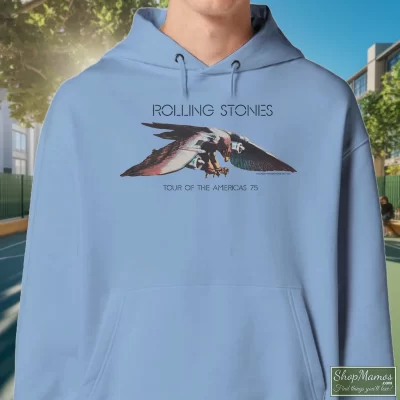 Men's 1975 Rolling Stones Tour Of The Americas 75 White Hoodie In Light Blue, Front View On Dark Wood Background