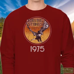 1975 Rolling Stones Tour Of The Americas Band Shirt 8 Men's 1975 Rolling Stones Tour Of The Americas Band Long Sleeve In Maroon, Front View On Light Wood Background