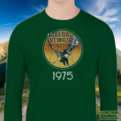1975 Rolling Stones Tour Of The Americas Band Shirt 3 Men's 1975 Rolling Stones Tour Of The Americas Band Sweatshirt In Forest Green, Front View On Light Wood Background