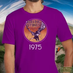 1975 Rolling Stones Tour Of The Americas Band Shirt 4 Men's 1975 Rolling Stones Tour Of The Americas Band T Shirt In Purple, Front View On Light Wood Background