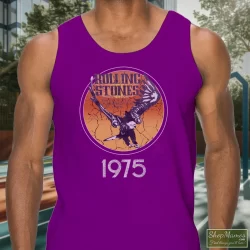 1975 Rolling Stones Tour Of The Americas Band Shirt 11 Men's 1975 Rolling Stones Tour Of The Americas Band Tank Top In Purple, Front View On Light Wood Background