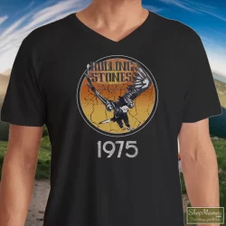 1975 Rolling Stones Tour Of The Americas Band Shirt 5 Men's 1975 Rolling Stones Tour Of The Americas Band V Neck In Black, Front View On Light Wood Background