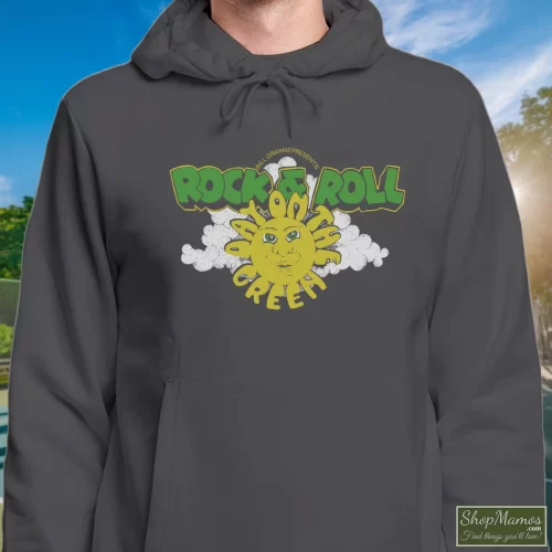 1978 Day On The Green Acdc Aerosmith Van Halen Men’s Hoodie – Charcoal Front View On Dark Wood Background Men's 1978 Day On The Green Acdc Aerosmith Van Halen Hoodie In Charcoal, Front View On Dark Wood Background