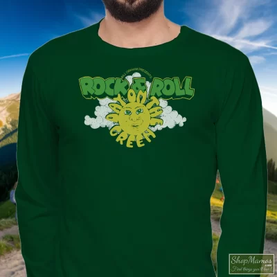 Men's 1978 Day On The Green Acdc Aerosmith Van Halen Long Sleeve In Forest Green, Front View On Light Wood Background