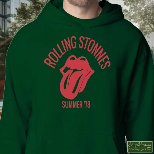 1978 Rolling Stones The Loop Chicago Fm 98 Summer Concert Men’s Hoodie – Forest Green Front View On Light Wood Background Men's 1978 Rolling Stones The Loop Chicago Fm 98 Summer Concert Hoodie In Forest Green, Front View On Light Wood Background