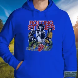 Men's 1978 Rolling Stones USA Tour Hoodie In Royal Blue, Front View On Light Wood Background