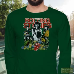 Men's 1978 Rolling Stones USA Tour Long Sleeve In Forest Green, Front View On Light Wood Background