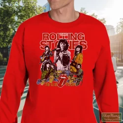 Men's 1978 Rolling Stones USA Tour Sweatshirt In Red, Front View On Dark Wood Background