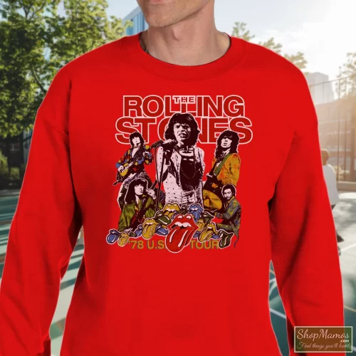 1978 Rolling Stones USA Tour Men’s Sweatshirt – Red Front View On Dark Wood Background Men's 1978 Rolling Stones USA Tour Sweatshirt In Red, Front View On Dark Wood Background