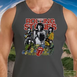 Men's 1978 Rolling Stones USA Tour Tank Top In Charcoal, Front View On Dark Wood Background