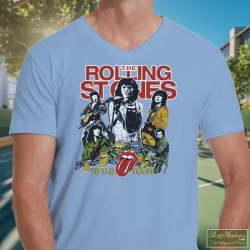 Men's 1978 Rolling Stones USA Tour V Neck In Light Blue, Front View On Dark Wood Background