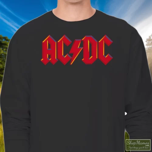 1979 Acdc Highway To Hell Tour Men’s Long Sleeve – Black Front View On Light Wood Background Men's 1979 Acdc Highway To Hell Tour Long Sleeve In Black, Front View On Light Wood Background