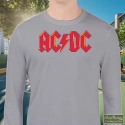 1979 ACDC Highway To Hell Tour Shirt 4 Men's 1979 Acdc Highway To Hell Tour Sweatshirt In Sport Grey, Front View On Dark Wood Background