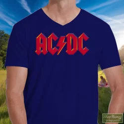 1979 ACDC Highway To Hell Tour Shirt 2 Men's 1979 Acdc Highway To Hell Tour V Neck In Navy, Front View On Light Wood Background