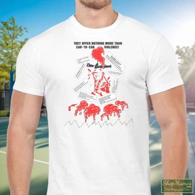 Men's 1979 New Barbarians Tour Band Rock 70s 1970s Rolling Stones Keith Richards T Shirt In White, Front View On Dark Wood Background