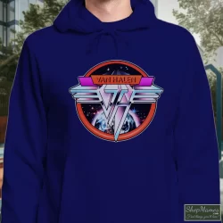 1980 Van Halen Band Graphic Shirt 2 Men's 1980 Van Halen Band Graphic Hoodie In Navy, Front View On Light Wood Background