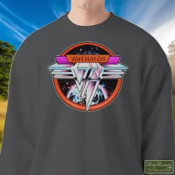 1980 Van Halen Band Graphic Shirt 1 Men's 1980 Van Halen Band Graphic Sweatshirt In Charcoal, Front View On Dark Wood Background