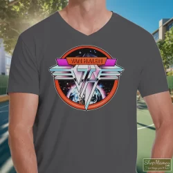 1980 Van Halen Band Graphic Shirt 7 Men's 1980 Van Halen Band Graphic V Neck In Charcoal, Front View On Dark Wood Background