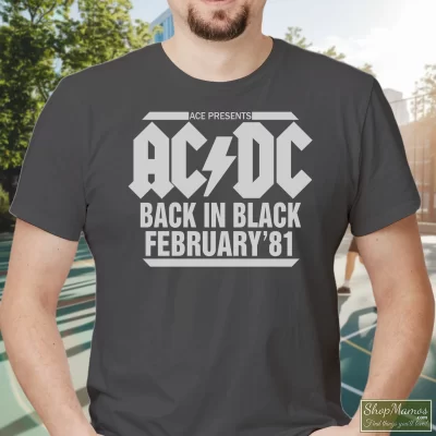 Men's 1981 Acdc Back In Black Australian Tour T Shirt In Charcoal, Front View On Dark Wood Background