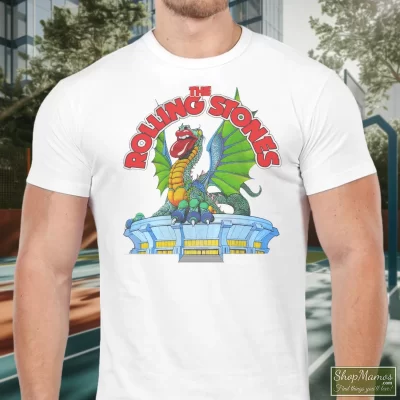 Men's 1981 Rolling Stones Los Angeles Dragon La Coliseum Tour T Shirt In White, Front View On Dark Wood Background