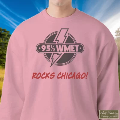 Men's 1981 Rolling Stones Rocks Chicago 95 1/2 Wmet Sweatshirt In Light Pink, Front View On Dark Wood Background