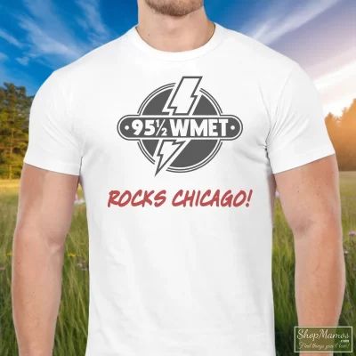 Men's 1981 Rolling Stones Rocks Chicago 95 1/2 Wmet T Shirt In White, Front View On Dark Wood Background
