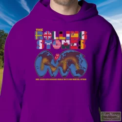 1981 Rolling Stones Tattoo You World Tour Concert Tee 80s Shirt 9 Men's 1981 Rolling Stones Tattoo You World Tour Concert 80s Hoodie In Purple, Front View On Light Wood Background