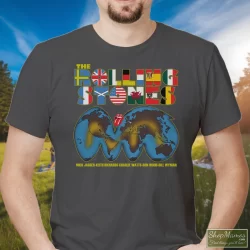 1981 Rolling Stones Tattoo You World Tour Concert Tee 80s Shirt 2 Men's 1981 Rolling Stones Tattoo You World Tour Concert 80s T Shirt In Charcoal, Front View On Dark Wood Background