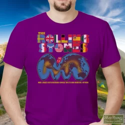 1981 Rolling Stones Tattoo You World Tour Concert Tee 80s Shirt 10 Men's 1981 Rolling Stones Tattoo You World Tour Concert 80s T Shirt In Purple, Front View On Light Wood Background