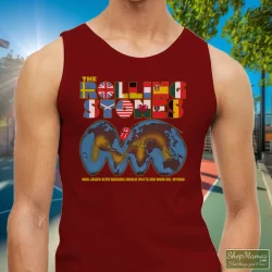 1981 Rolling Stones Tattoo You World Tour Concert Tee 80s Shirt 4 Men's 1981 Rolling Stones Tattoo You World Tour Concert 80s Tank Top In Maroon, Front View On Light Wood Background