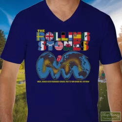 1981 Rolling Stones Tattoo You World Tour Concert Tee 80s Shirt 1 Men's 1981 Rolling Stones Tattoo You World Tour Concert 80s V Neck In Navy, Front View On Light Wood Background