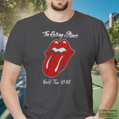 Men's 1981 Rolling Stones Tattoo You World Tour T Shirt In Charcoal, Front View On Dark Wood Background