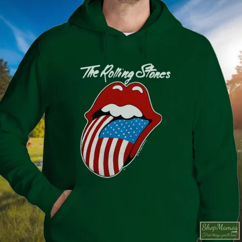 1981 Rolling Stones Tour Men’s Hoodie – Forest Green Front View On Light Wood Background Men's 1981 Rolling Stones Tour Hoodie In Forest Green, Front View On Light Wood Background