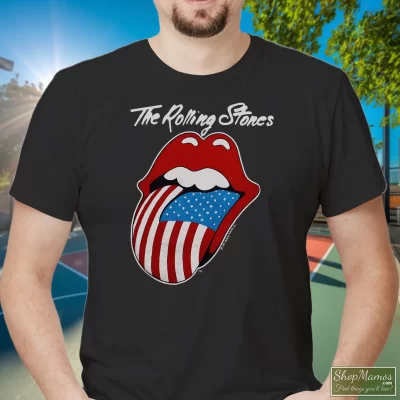 Men's 1981 Rolling Stones Tour T Shirt In Black, Front View On Light Wood Background