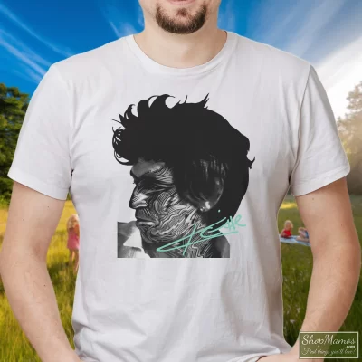 Men's 1983 Rolling Stones Keith Richards Tattoo You T Shirt In White, Front View On Dark Wood Background