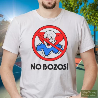 Men's 1983 Van Halen No Bozos T Shirt In White, Front View On Dark Wood Background