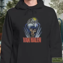 1986 Van Halen 5150 Tour Shirt 2 Men's 1986 Van Halen 5150 Tour Hoodie In Black, Front View On Light Wood Background