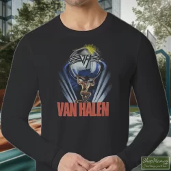 1986 Van Halen 5150 Tour Shirt 11 Men's 1986 Van Halen 5150 Tour Long Sleeve In Black, Front View On Light Wood Background