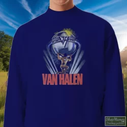 1986 Van Halen 5150 Tour Shirt 7 Men's 1986 Van Halen 5150 Tour Sweatshirt In Navy, Front View On Light Wood Background