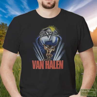 Men's 1986 Van Halen 5150 Tour T Shirt In Black, Front View On Light Wood Background