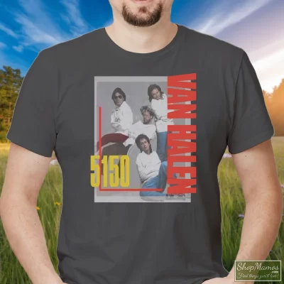 Men's 1986 Van Halen 5150 Tour T Shirt In Charcoal, Front View On Dark Wood Background